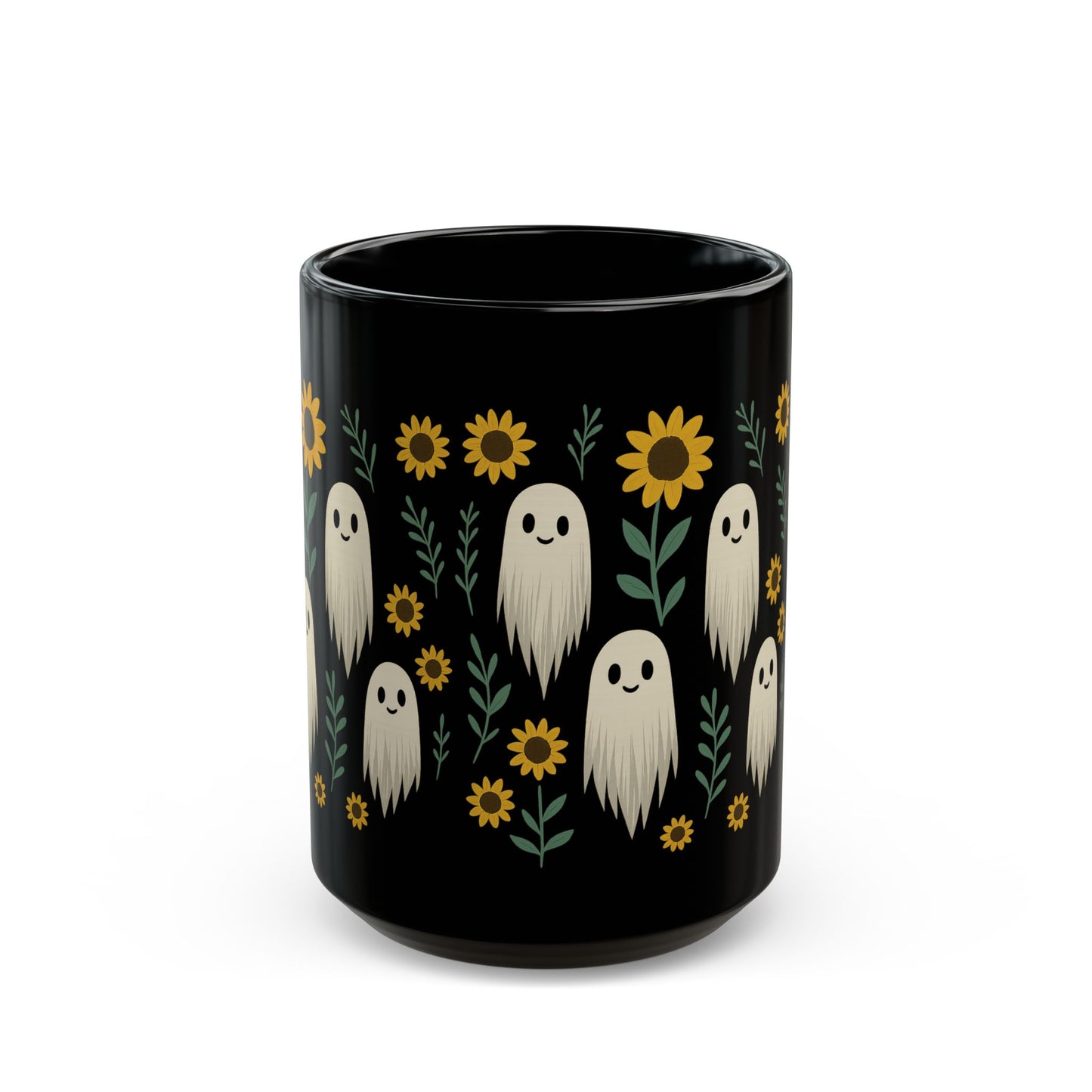 Black Ceramic Mug – Cute Ghosts & Sunflowers Design | Spooky Fall Coffee Cup