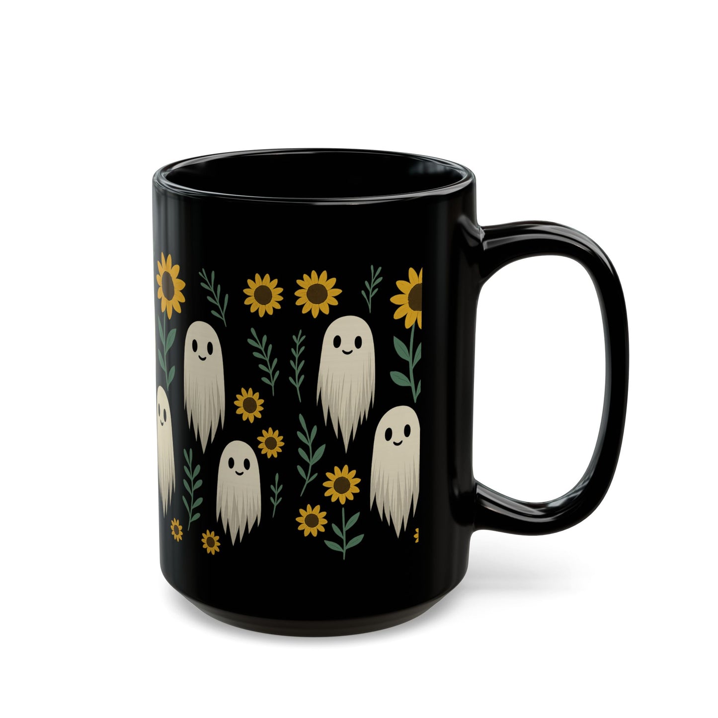Black Ceramic Mug – Cute Ghosts & Sunflowers Design | Spooky Fall Coffee Cup
