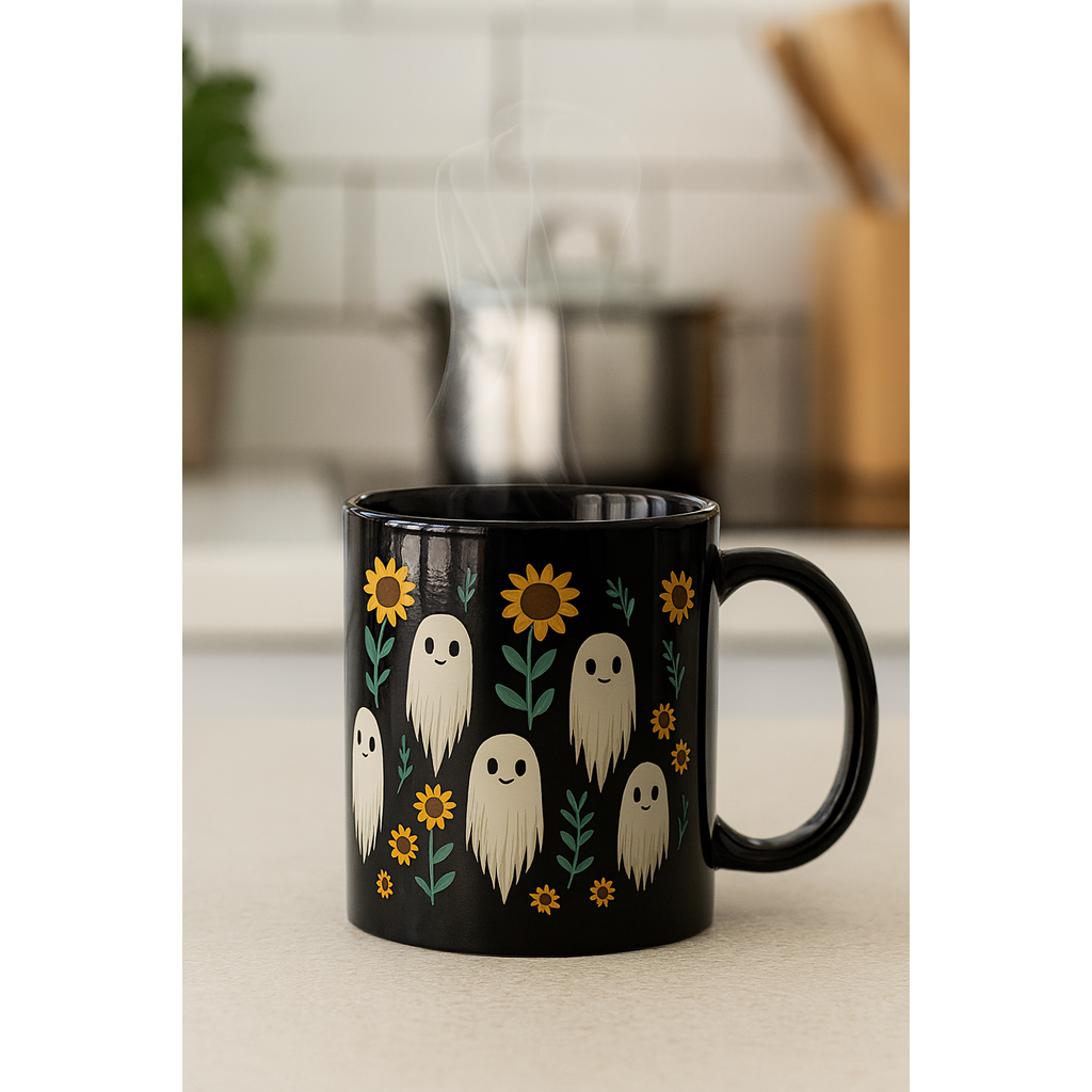 Black Ceramic Mug – Cute Ghosts & Sunflowers Design | Spooky Fall Coffee Cup