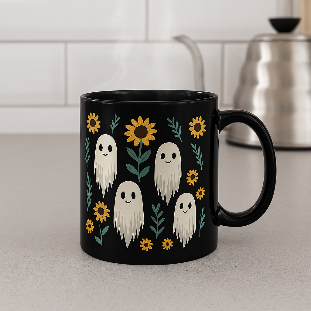 Black Ceramic Mug – Cute Ghosts & Sunflowers Design | Spooky Fall Coffee Cup