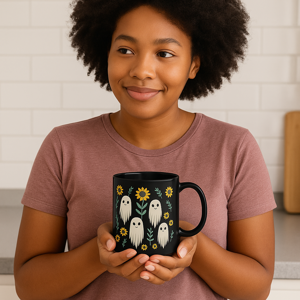 Black Ceramic Mug – Cute Ghosts & Sunflowers Design | Spooky Fall Coffee Cup