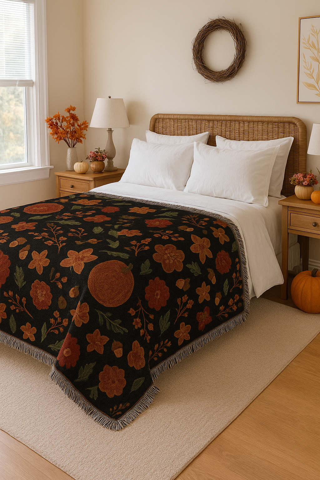 Rustic Fall Woven Throw Blanket – Pumpkin & Floral Tapestry for Autumn Home Décor