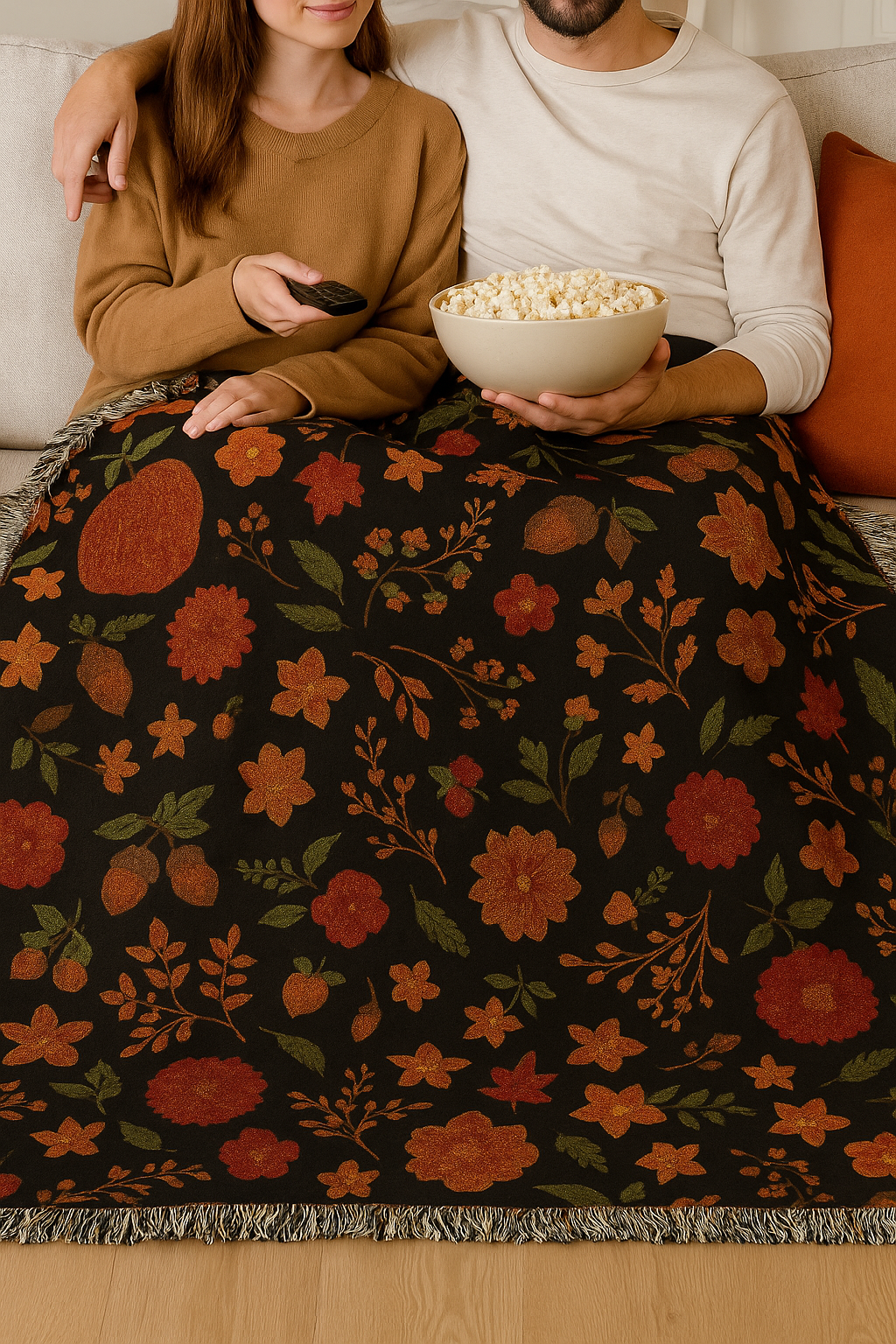 Rustic Fall Woven Throw Blanket – Pumpkin & Floral Tapestry for Autumn Home Décor