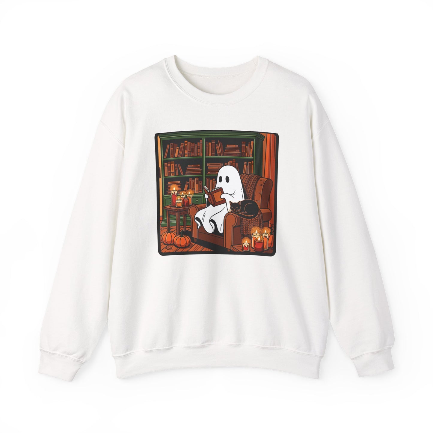 Cozy Ghost Reading Sweatshirt – Halloween Fall Crewneck | Cute Spooky Book Lover Pullover