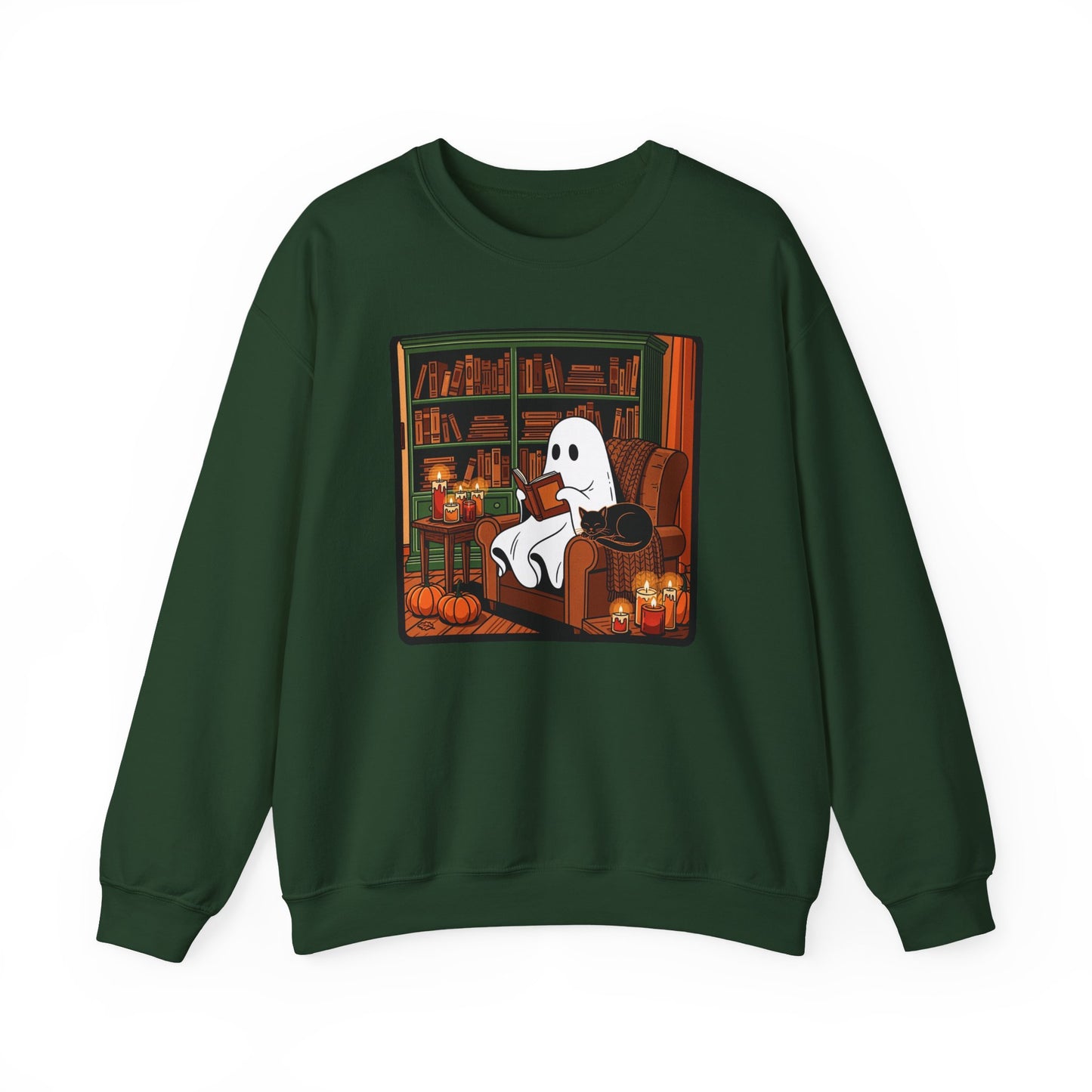 Cozy Ghost Reading Sweatshirt – Halloween Fall Crewneck | Cute Spooky Book Lover Pullover