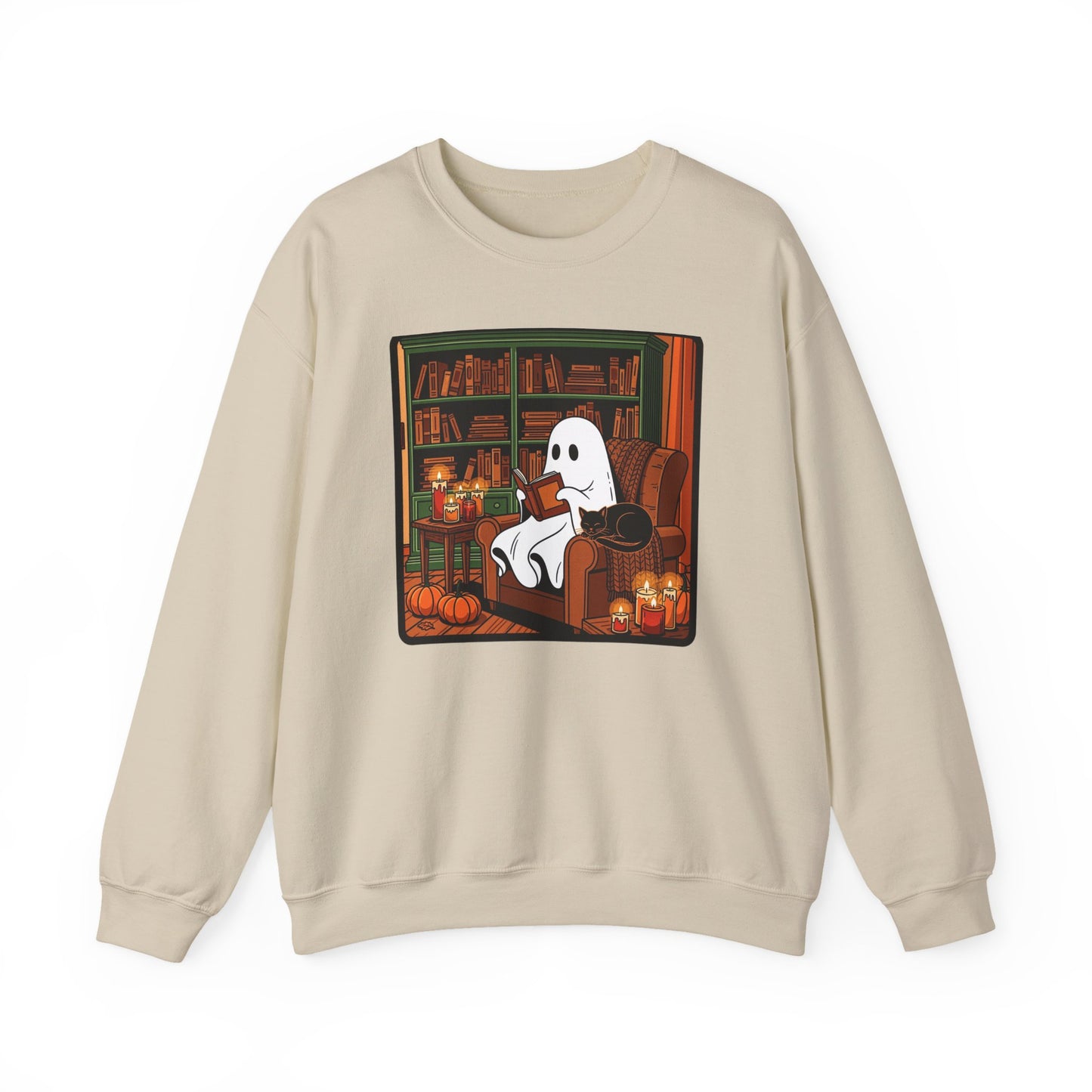 Cozy Ghost Reading Sweatshirt – Halloween Fall Crewneck | Cute Spooky Book Lover Pullover