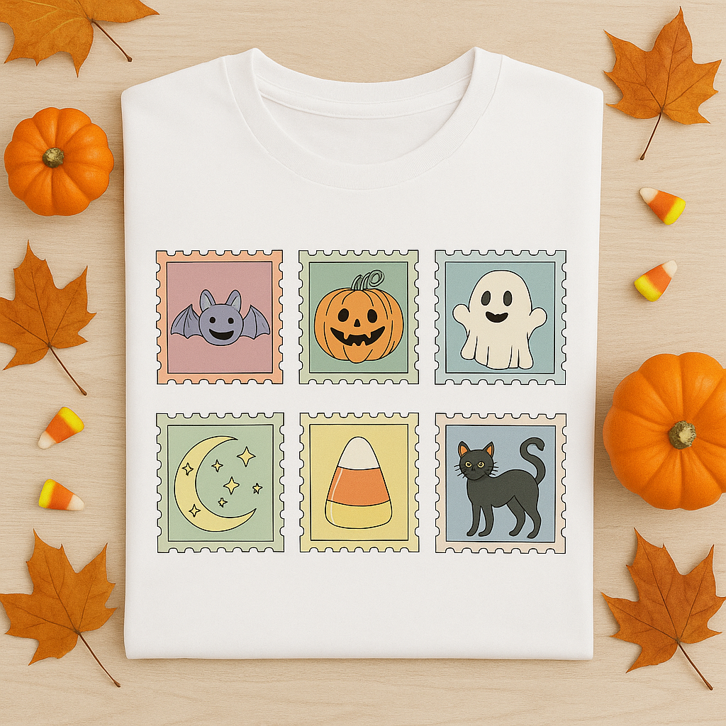 Retro Ghost Cat Pumpkin Shirt – Cute Halloween Tee – Cozy Spooky Fall Graphic T-Shirt for Women & Men