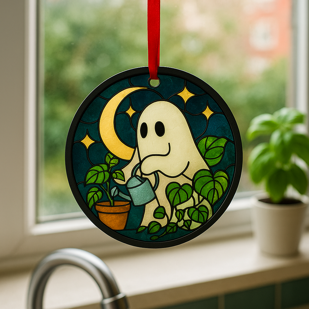 Whimsical Ghostly Plant Care Crystal Ornament, Unique Home Decor, Halloween Decoration, Gift for Garden Lovers, Whimsical Holiday Ornament