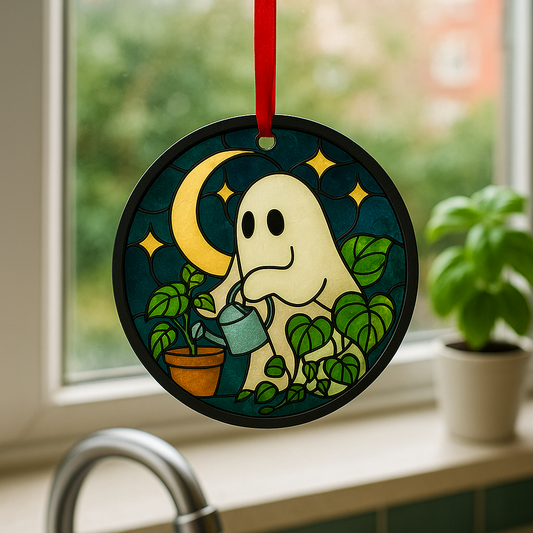 Whimsical Ghostly Plant Care Crystal Ornament, Unique Home Decor, Halloween Decoration, Gift for Garden Lovers, Whimsical Holiday Ornament