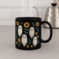 Black Ceramic Mug – Cute Ghosts & Sunflowers Design | Spooky Fall Coffee Cup