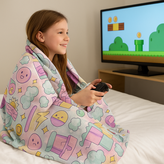 Kids Gamer Blanket – Soft Pastel Video Game Throw for Girls & Boys | Cozy Cartoon Cloud & Lightning Design (40x30 in)