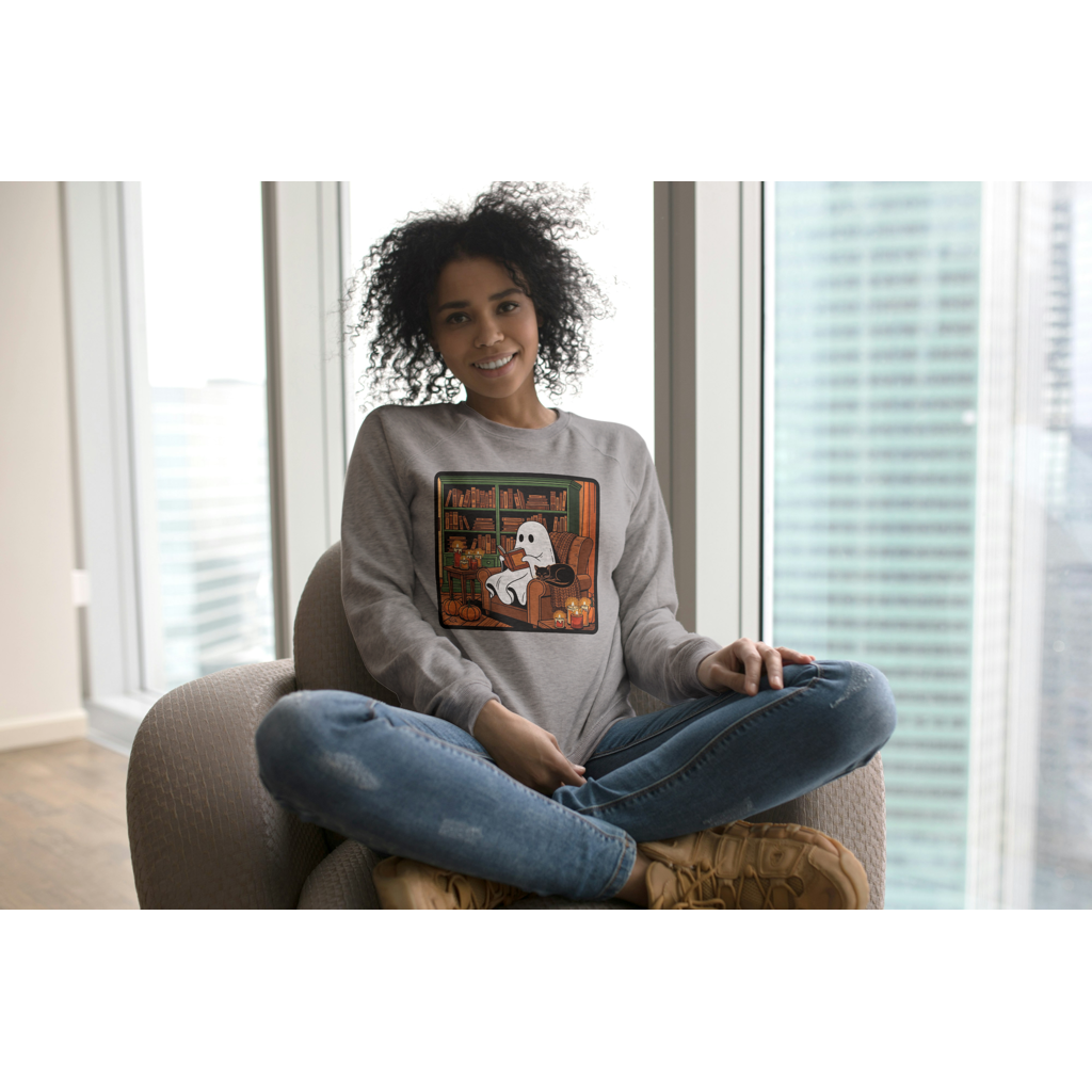 Cozy Ghost Reading Sweatshirt – Halloween Fall Crewneck | Cute Spooky Book Lover Pullover