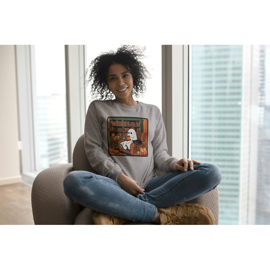 Cozy Ghost Reading Sweatshirt – Halloween Fall Crewneck | Cute Spooky Book Lover Pullover