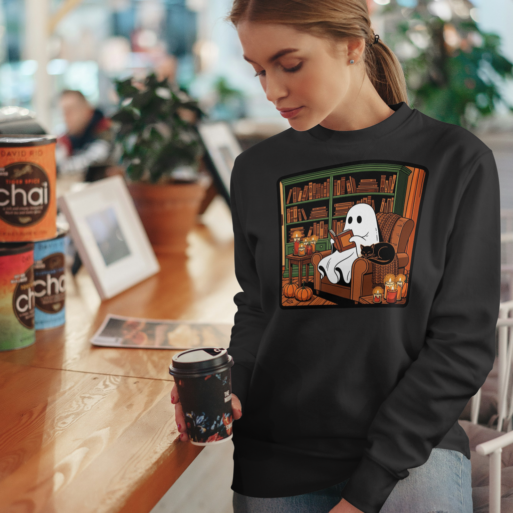 Cozy Ghost Reading Sweatshirt – Halloween Fall Crewneck | Cute Spooky Book Lover Pullover