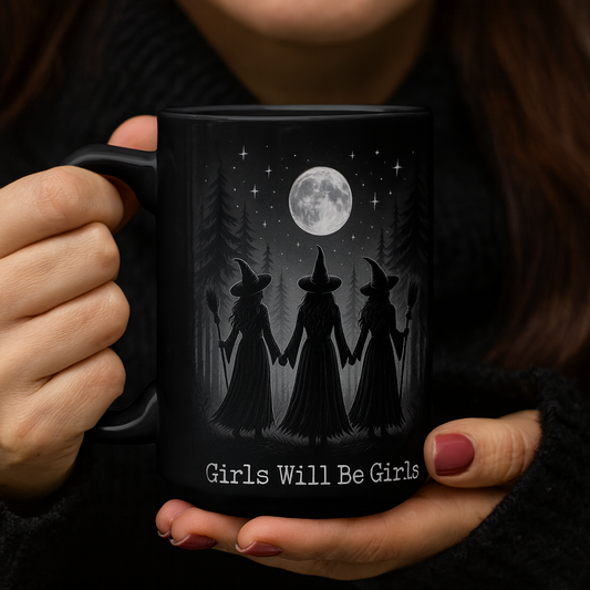 Empowered Witch Mug – Gothic Wiccan Coffee Cup with Moon & Witches, Girls Will Be Girls
