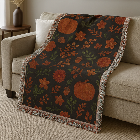 Rustic Fall Woven Throw Blanket – Pumpkin & Floral Tapestry for Autumn Home Décor