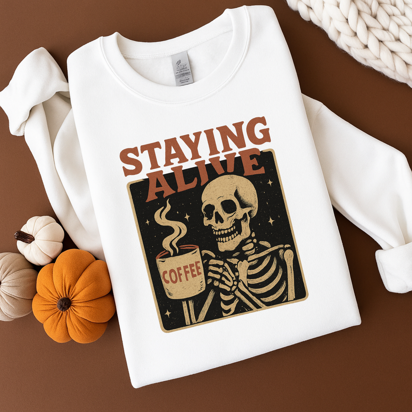 Staying Alive Skeleton Coffee Sweatshirt – Retro Vintage Halloween Coffee Lover Pullover