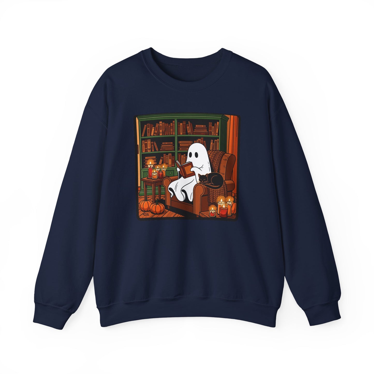 Cozy Ghost Reading Sweatshirt – Halloween Fall Crewneck | Cute Spooky Book Lover Pullover