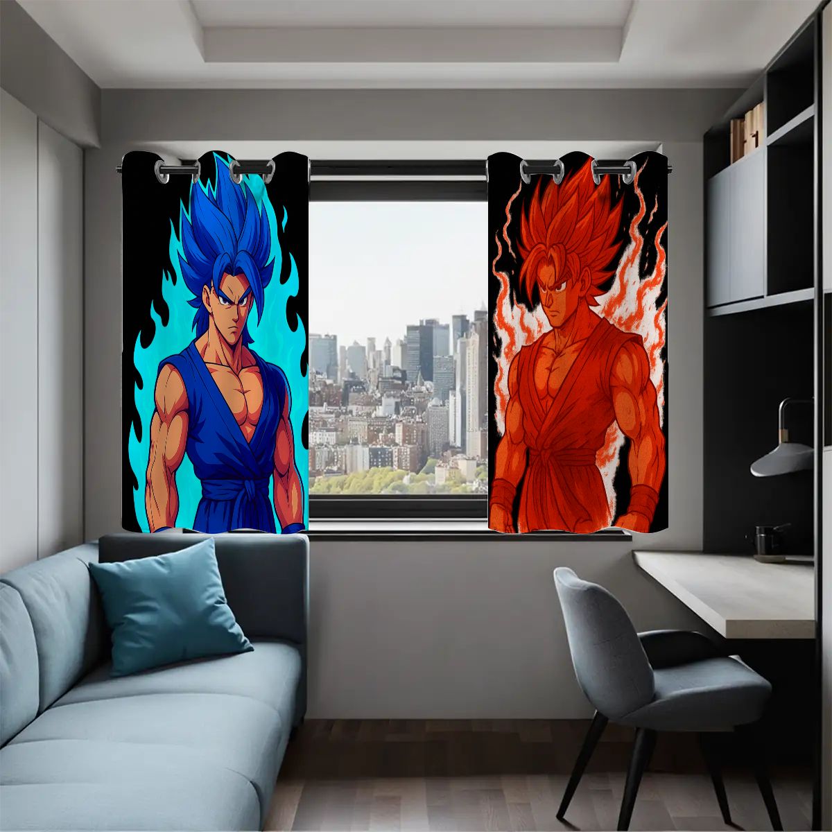 Anime Blackout Curtains – Dual Flame Warrior Design | Blue & Red Energy Battle Theme