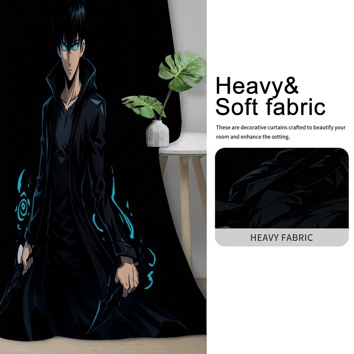 Anime Blackout Curtains – Dark Warrior Hero Design | Stylish Bedroom & Gaming Room Décor