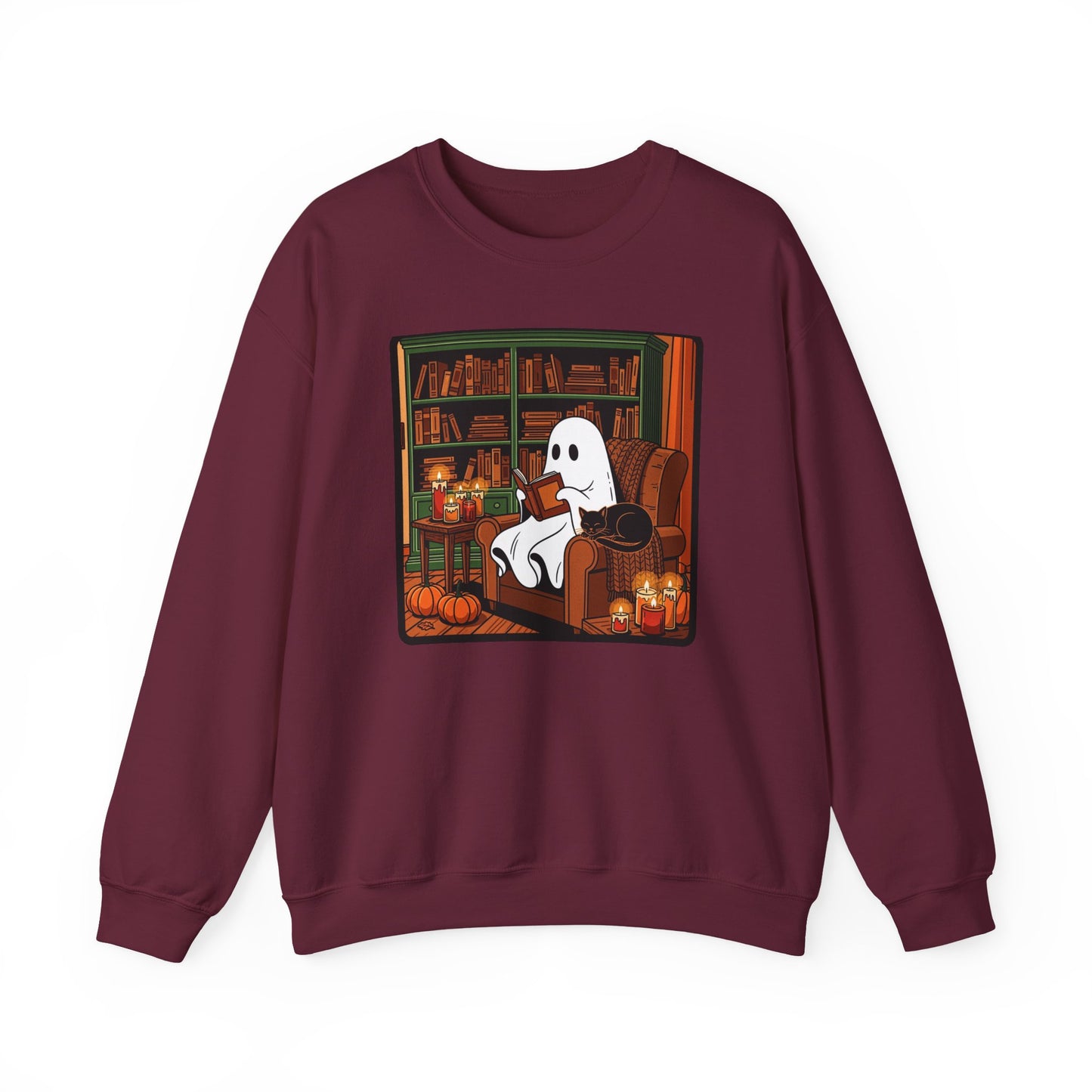 Cozy Ghost Reading Sweatshirt – Halloween Fall Crewneck | Cute Spooky Book Lover Pullover