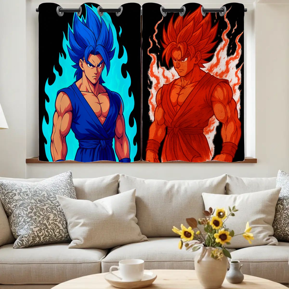 Anime Blackout Curtains – Dual Flame Warrior Design | Blue & Red Energy Battle Theme