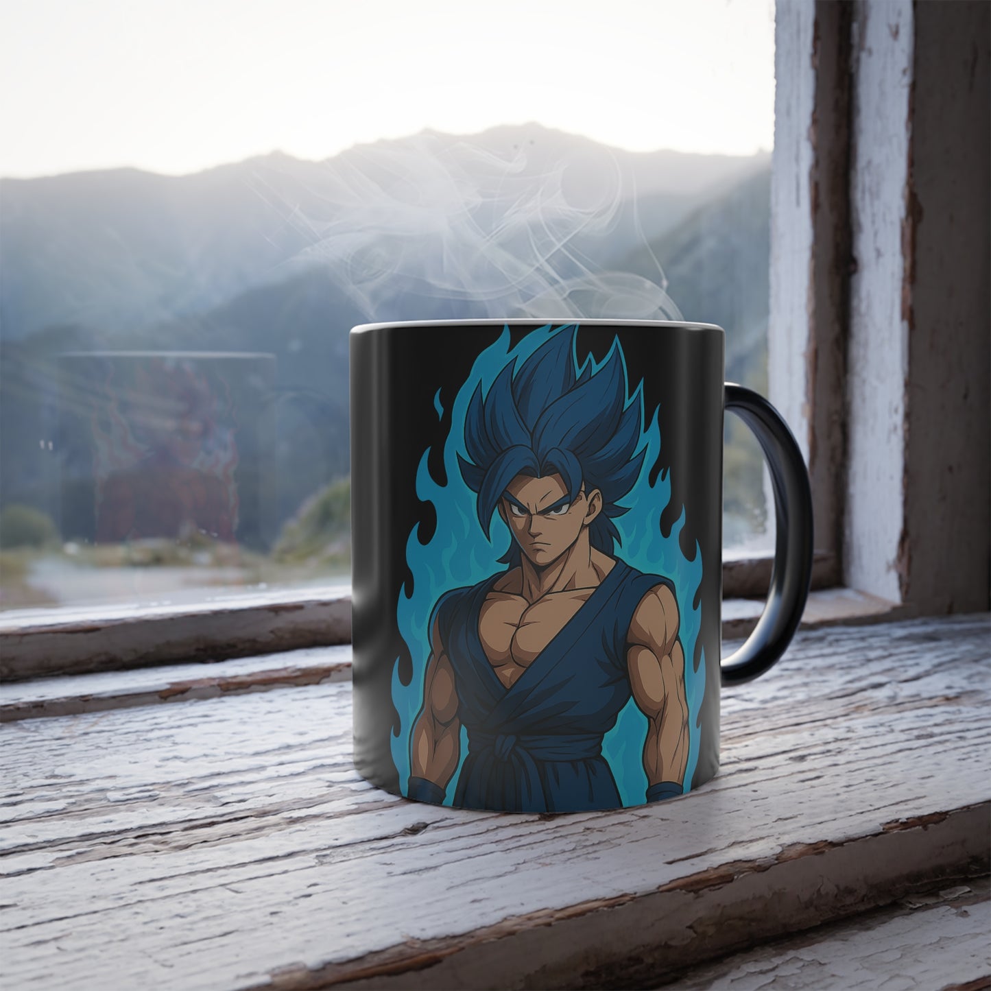 Anime Heat Changing Mug – Color Morphing Coffee Cup with Blue Flame Warrior Design | 11oz Magic Mug