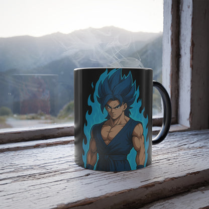 Anime Heat Changing Mug – Color Morphing Coffee Cup with Blue Flame Warrior Design | 11oz Magic Mug