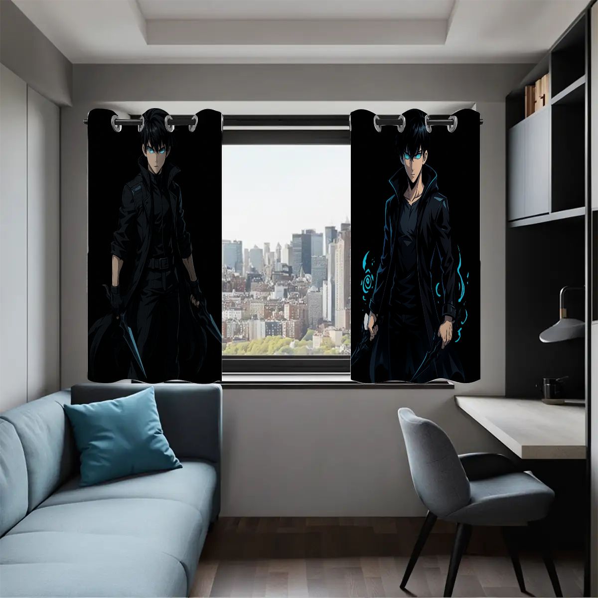 Anime Blackout Curtains – Dark Warrior Hero Design | Stylish Bedroom & Gaming Room Décor